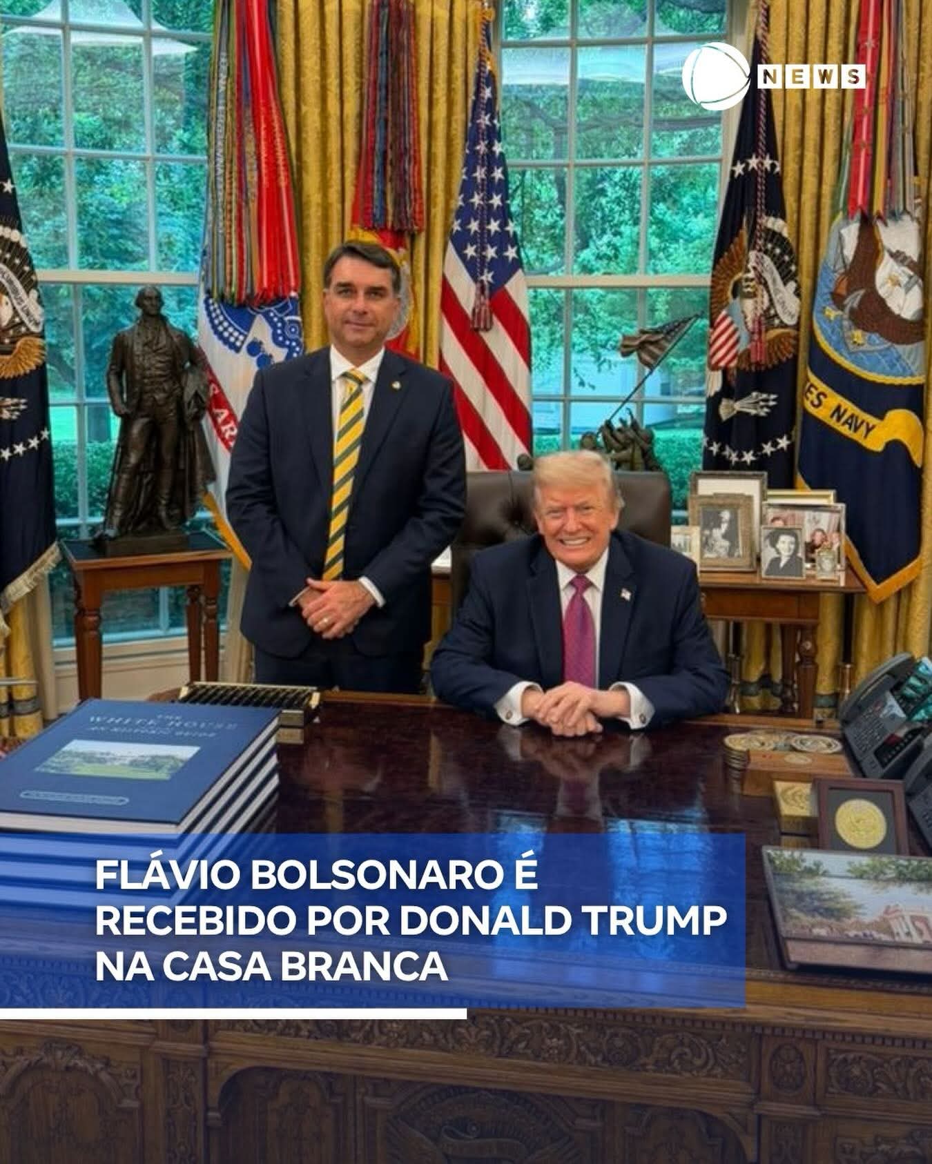 Flávio Bolsonaro é recebido na casa branca por Donald Trump